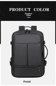 Front view of black expandable travel backpack with waterproof nylon and zip details