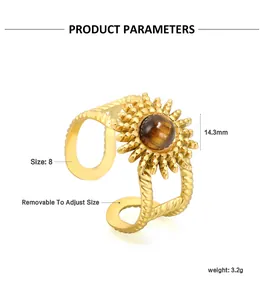 Detailed view of adjustable golden sunburst ring with turquoise stone and dimensions