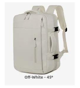 Close-up of off-white travel backpack showing side buckle and thickened carry handle