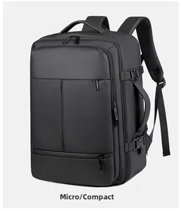 Slight side view of a large black waterproof business travel backpack with mesh straps