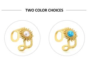 Detailed comparison of sun-shaped gold rings with turquoise and pearl stone options
