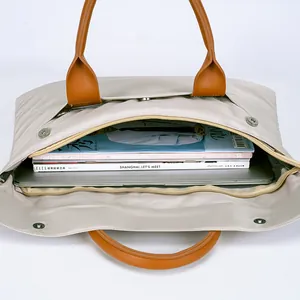 Large capacity beige business briefcase for 15.6 inch laptop and A4 files