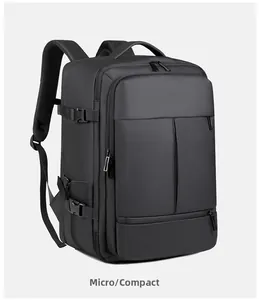 Detail view of the black travel backpack featuring adjustable side straps and buckles