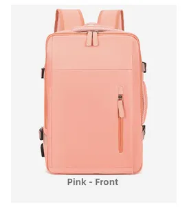 Front view of pink expandable travel backpack with waterproof zippers and top handle