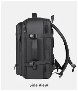 Side view of large black travel backpack showing adjustable buckles and multilayer zippers