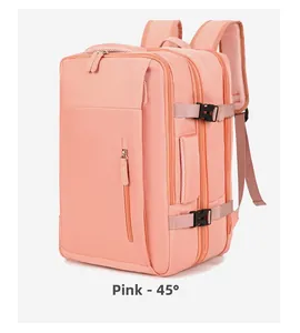 Pink multi-compartment travel backpack with water-resistant fabric shown in 45-degree view
