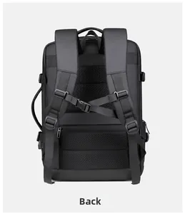 Detail of ergonomic breathable mesh back panel and padded S-shape straps on black travel backpack