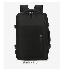 Front view of black water-resistant business travel backpack with vertical zipper pocket