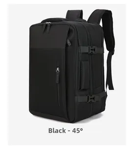 Detail view of large black travel backpack with multi-layer storage and durable fabric