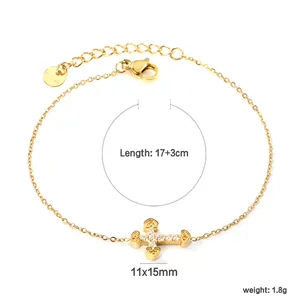 Detailed specs of gold cross heart bracelet with cubic zirconia, 17+3cm length