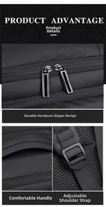 Close-up of black metal zippers, padded handle and adjustable shoulder straps on travel bag