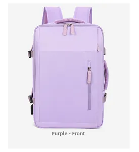 Front view of a purple travel backpack featuring multi-layer storage and side buckle
