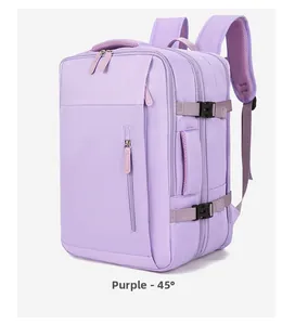 Detail view of purple waterproof travel backpack showing side buckle and breathable straps