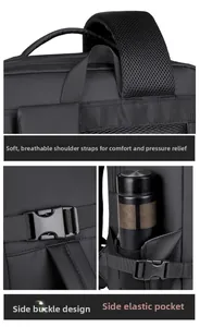 Detail of padded mesh straps, side buckle and elastic water bottle pocket on black travel backpack