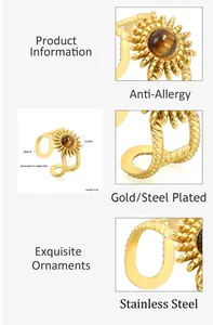 Detailed specs of adjustable sunflower ring with tiger eye stone and gold-plated steel