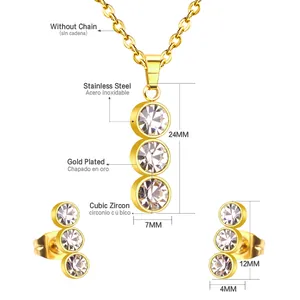 Detail of gold-plated stainless steel jewelry set with dimensions of studs and pendant
