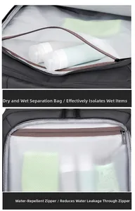 Detail view of water-resistant zippers and wet/dry separation bag inside grey travel backpack