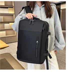 Detail view of water-resistant black business backpack with side buckles and side zipper