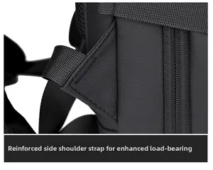 Macro detail of reinforced bartack stitching on durable black oxford travel backpack straps