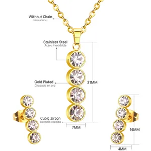 Detailed view of gold plated stainless steel jewelry set with cubic zirconia stones