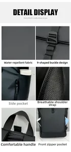 Detail view of water-resistant fabric, breathable straps and metal buckle on black backpack