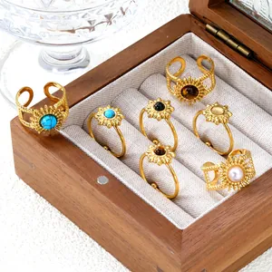 Bohemian Stainless Steel Gold Plated Open Ring For Women Vintage Evil Eye Sunflower Turquoise Artificial Pearl Adjustable Fashion Jewelry Finger Ring