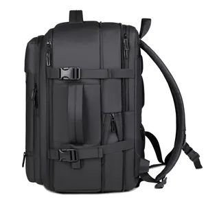 Large black expandable travel backpack with multi-layer zipper and side handle view