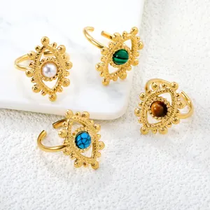 Gold plated stainless steel evil eye open rings with turquoise and malachite stones