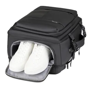 Black expandable travel backpack with large capacity and independent shoe compartment