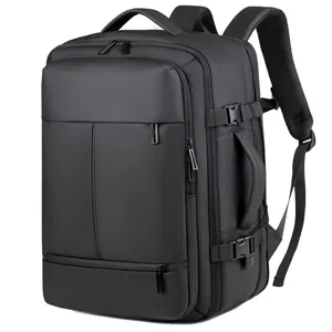 Black expandable business travel backpack with waterproof fabric and ergonomic back support