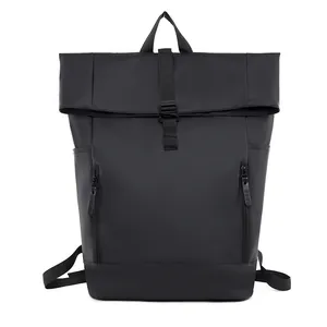 Waterproof matte black roll top backpack with dual front zippers and buckle strap