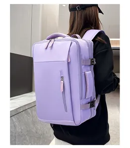 Light purple travel backpack shown on a model featuring expandable side buckles and straps