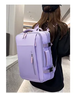 Rear view of purple travel backpack showing ergonomic shoulder straps and side handle