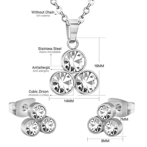 Stainless steel jewelry set featuring cubic zirconia pendants and stud earrings for women