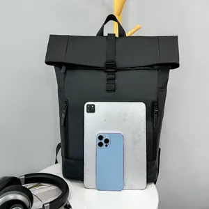 Waterproof roll-top backpack in black finish for commute and outdoor travel