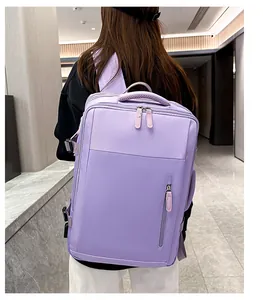 Detail view of purple multifunctional travel backpack with large capacity and water-resistant nylon