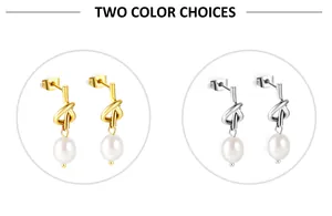 Detail showing knot design pearl earrings in gold and silver finishes on a white background