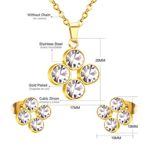 Detailed view of gold plated stainless steel flower jewelry set with cubic zirconia stones