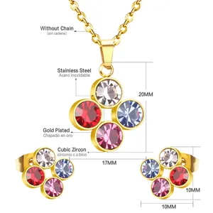 Detail view of multi-color cubic zirconia clover jewelry set with size dimensions