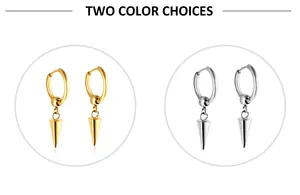Detail view of gold and silver cone pendant hoop earrings in high-polished finish