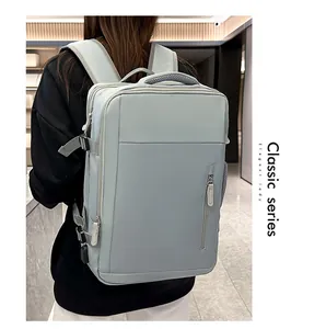 Close-up of elegant light blue waterproof backpack worn by female model in modern interior
