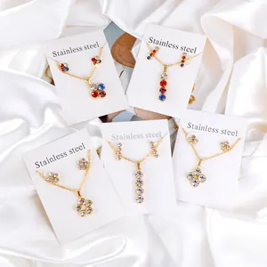 Fashion Stainless Steel Jewelry For Women Gold Silver Plated Round Cubic Zirconia Flower Pendant Necklace And Stud Earrings