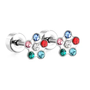 Minimalist stainless steel flower stud earrings with colorful crystal rhinestones