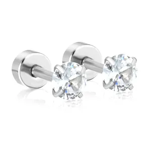 Minimalist stainless steel stud earrings with silver finish and sparkling round cubic zirconia