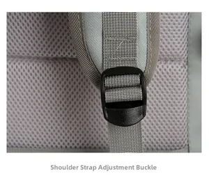 Close-up of adjustable shoulder strap buckle on a breathable mesh travel backpack