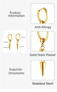 Detail view of gold-plated stainless steel cone earrings with hypoallergenic marking
