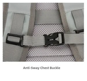 Close-up of the adjustable anti-shake chest buckle on a gray travel backpack strap