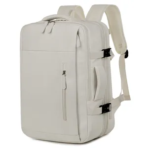 Versatile off-white travel backpack with expandable storage and breathable straps