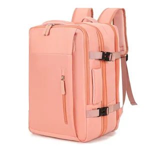 Waterproof coral pink travel backpack with multiple compartments and adjustable side buckles
