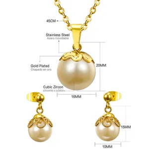 Especificaciones de tamaño del conjunto de collar y pendientes de perlas en acero dorado